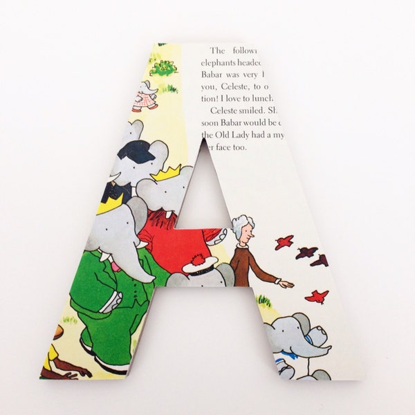 Babar Custom Wood Letters, Children's Used Book Pages, Nursery Alphabet Décor, Storybook Name Art, Elephant Baby Shower Gift, New Mom Gift