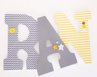 Yellow & Grey Custom Wooden Letters, Personalized Nursery Name Décor, Unisex Bedroom, Hanging Wood Wall Decorations, Gray Baby Shower Gift