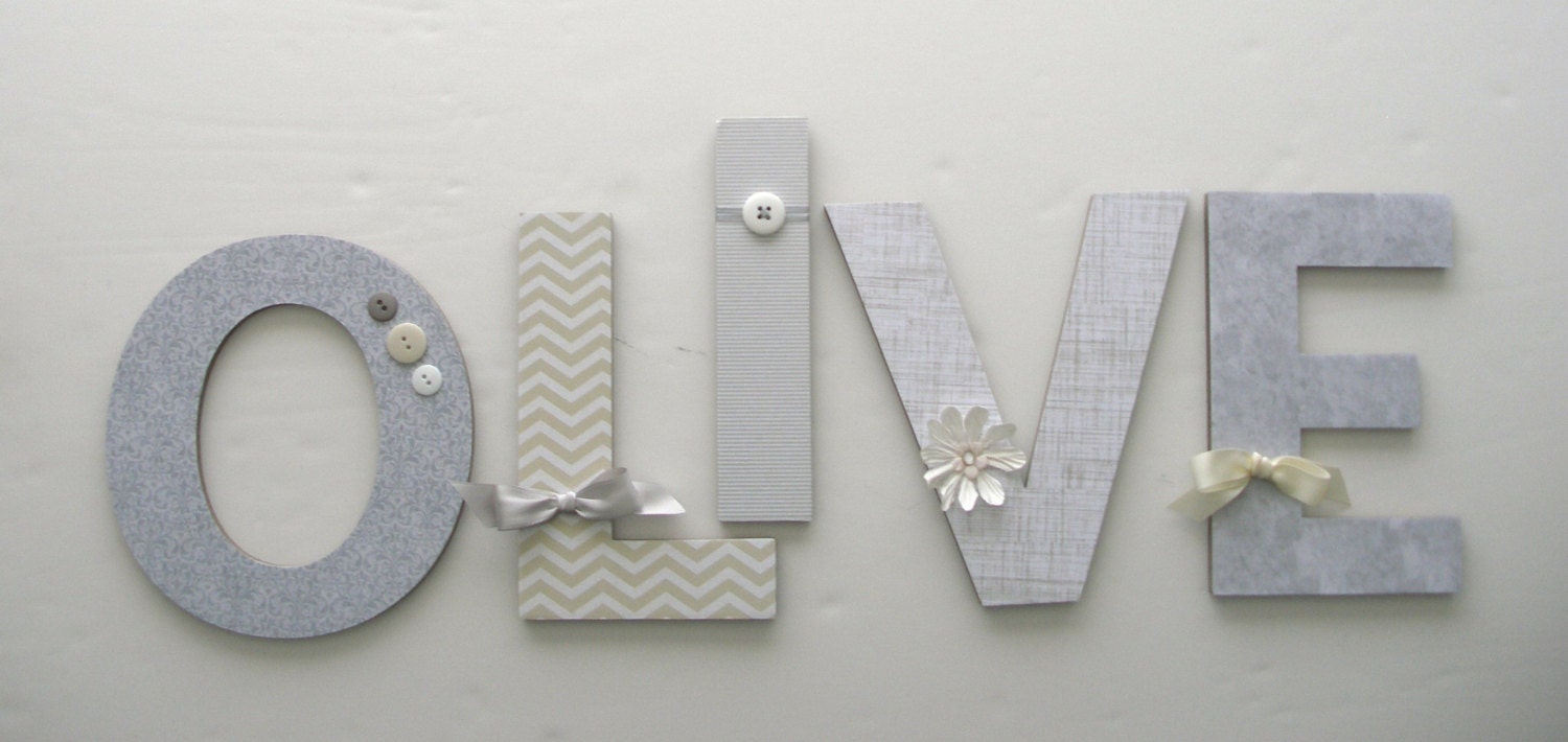 Gray White & Cream Wood Letters Custom Decorated Wooden Etsy