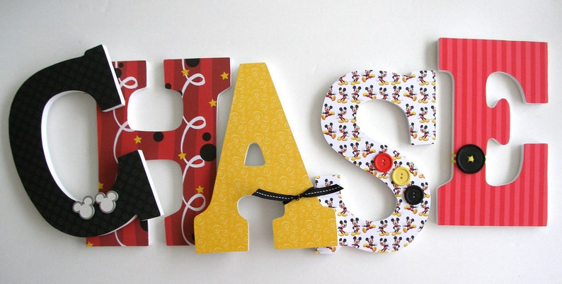 Mickey Mouse Disney Custom Decorated Wooden Letters, Nursery Name Décor, Unisex Bedroom, Hanging Wood Wall Decorations, Baby Shower Gift image 1