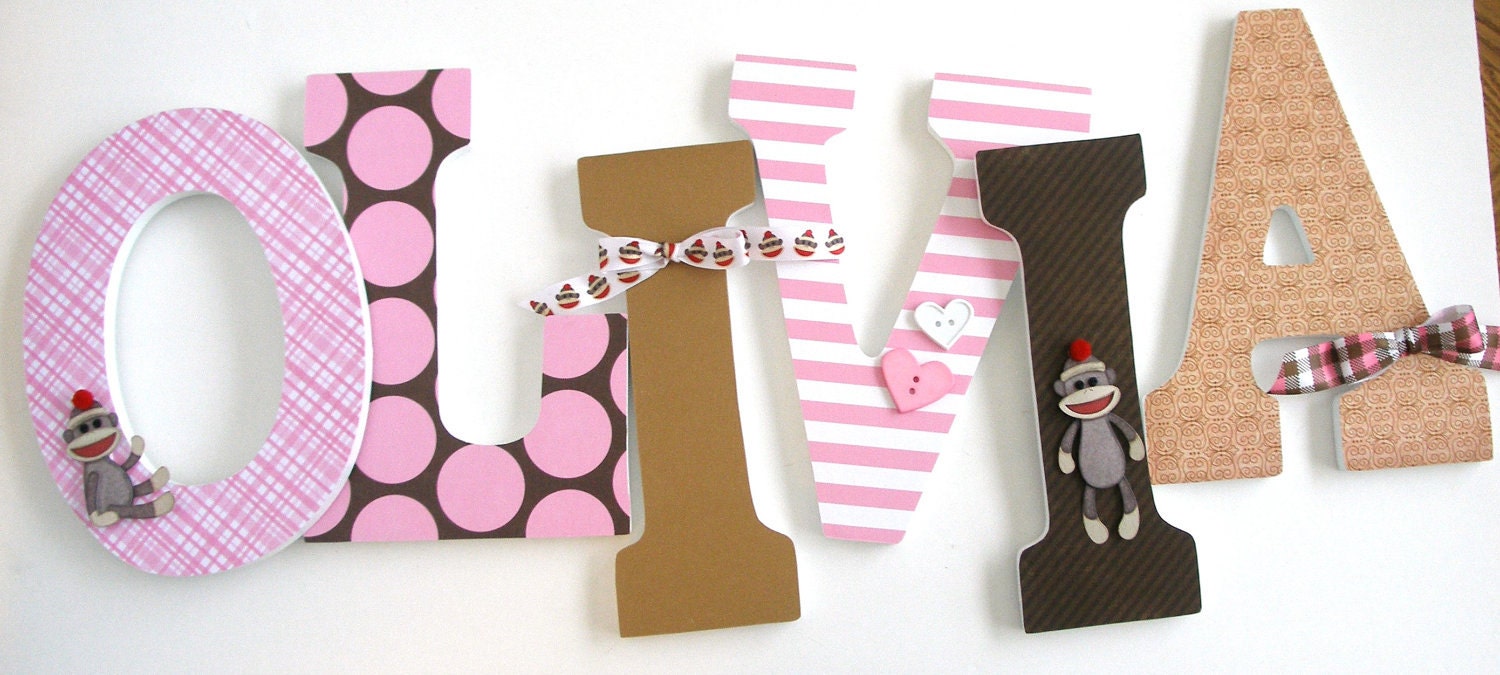 Wooden Wall Nursery Letters for Girls Pink and Brown Sock Etsy