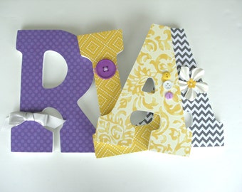 Custom Wooden Letters, Gray, Purple, and Yellow, Baby Girl Nursery Letters, Personalized Name Sign, New Mom Gift, Photo Prop, Wall Sign