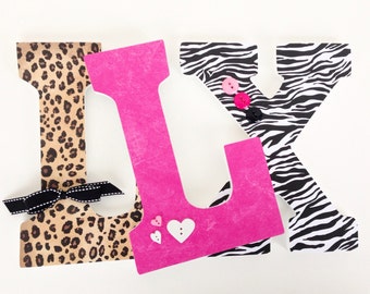 Animal Print Letter Set Wooden Nursery Name Letters for Baby Girl, Zebra and Leopard with hot pink and black, Personalized Name Sign