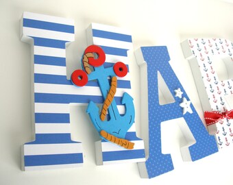Wood Letter Set for Nursery, Anchor Theme, Baby Boy Bedroom Decorations, Hanging Wall Letters, Personalized Name Sign, New Mom Gift