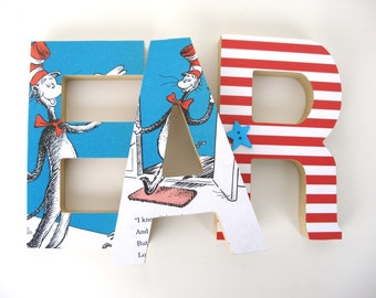 Cat in the Hat Baby Shower Gift, Dr. Seuss Literary Nursery Letter Art, Repurposed Children's Books, Nursery Décor, Storybook Name Art