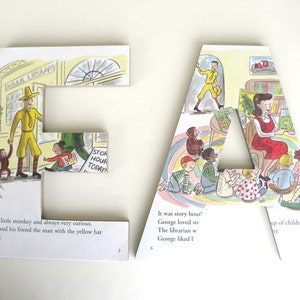 Curious George, Custom Wood Letters, Children&#39;s Book Pages, Nursery Alphabet Décor, Storybook Name Art, Personalized Name Sign, New Mom Gift