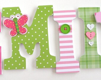 Wooden Nursery Wall Letters, Pink and Green Butterfly Decoration, Custom Letter Set, Girls Bedroom Decor, Baby Name Art, Nursery Decor