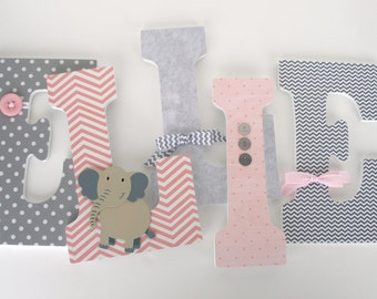 Custom Wood Letters for Girls, Pink and Gray Elephant Theme, Nursery Letter Set, Personalized Name Sign, New Mom Gift, Photo Prop, Wall Sign