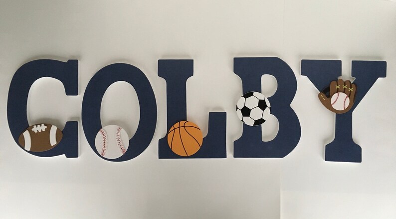 Hanging Wooden Letters, Sports Theme, Baseball, Football, Soccer ...