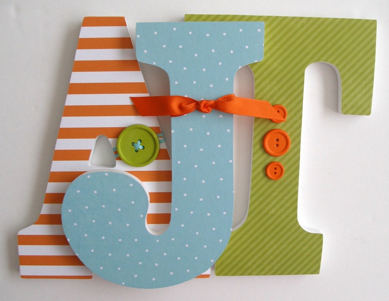 Wooden Nursery Letters, Orange, Green, and Blue, Custom Wood Letter Set, Personalized Name Sign, New Mom Gift, Photo Prop, Wall Sign image 1