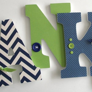 Navy Blue & Green Custom Wooden Letters, Personalized Nursery Name Décor, Boy Bedroom, Wood Wall Decorations, Birthday Baby Shower Gift image 1