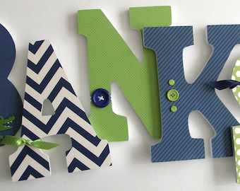 Navy Blue & Green Custom Wooden Letters, Personalized Nursery Name Décor, Boy Bedroom, Wood Wall Decorations, Birthday Baby Shower Gift