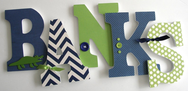 Navy Blue & Green Custom Wooden Letters, Personalized Nursery Name Décor, Boy Bedroom, Wood Wall Decorations, Birthday Baby Shower Gift image 1