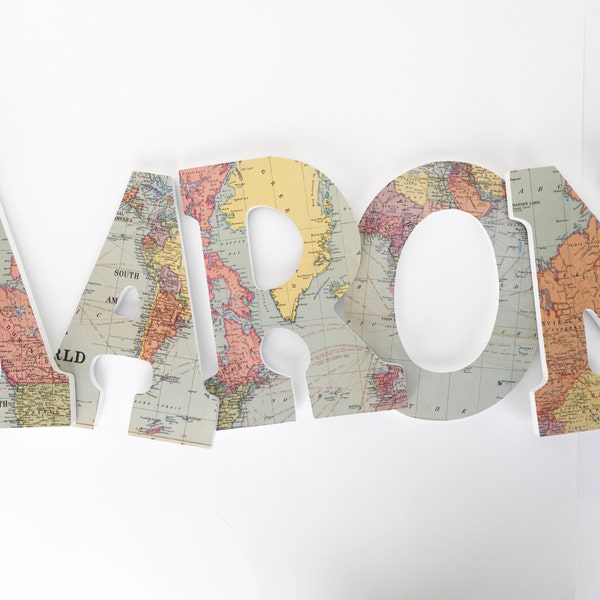 World Map Wood Letters for Travel Nursery, Wooden Name Décor, Gender Neutral Unisex Bedroom, Wall Decorations, Baby Shower Gift, Wall Sign