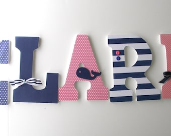 Navy Blue and Pink Custom Wood Letters, Girl Bedroom, Wall Name Letters, Baby Shower Gift, Personalized Name Sign, New Mom Gift, Photo Prop