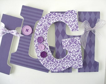 Hand Decorated Wooden Letters for Girl, Purple Theme, Baby Name Art, Hanging Wood Letter Set, Personalized Name Sign, New Mom Gift, Baby Art