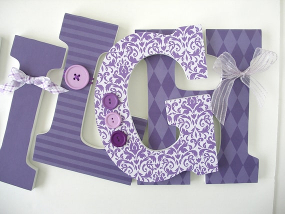 Hand Decorated Wooden Letters for Girl, Purple Theme, Baby Name Art, Hanging Wood Letter Set, Personalized Name Sign, New Mom Gift, Baby Art