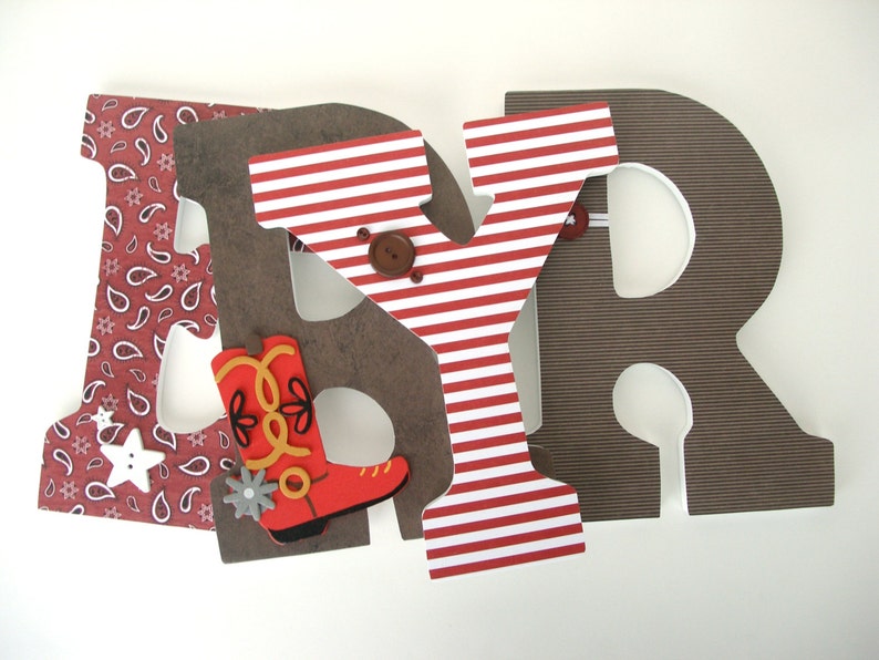 Red & Brown Custom Wooden Letters Nursery Name Décor, Baby Boy Bedroom, Hanging Wood Wall Decorations, Baby Shower Gift, Photo Prop image 1