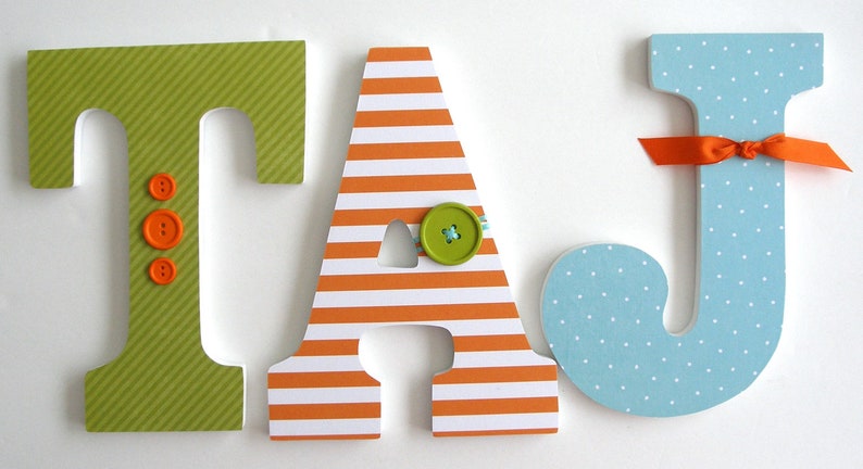 Wooden Nursery Letters, Orange, Green, and Blue, Custom Wood Letter Set, Personalized Name Sign, New Mom Gift, Photo Prop, Wall Sign image 2