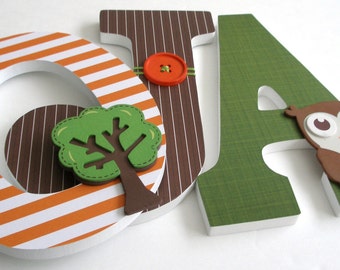 Wood Letters for Nursery, Orange, Brown, and Green, Wooden Hanging Bedroom Letter Set, Personalized Name Sign, New Mom Gift, Photo Prop