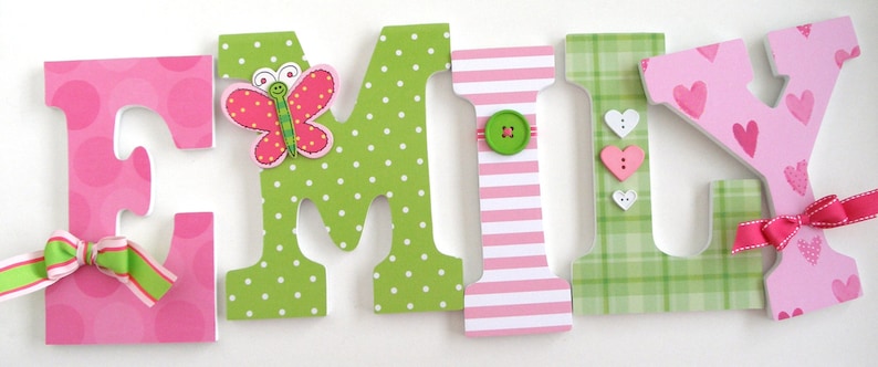 Set of 5 Decorated 9 Wooden Letters, Nursery Name Décor, Alphabet Bedroom, Hanging Wood Wall Decorations, Birthday Baby Shower Gift image 3