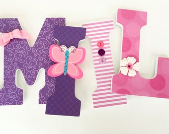 Baby Nursery Wall Letters, Pink and Purple Butterfly Decorations for Girls Room, Custom Wood Letter Set, Personalized Name Sign, Photo Prop