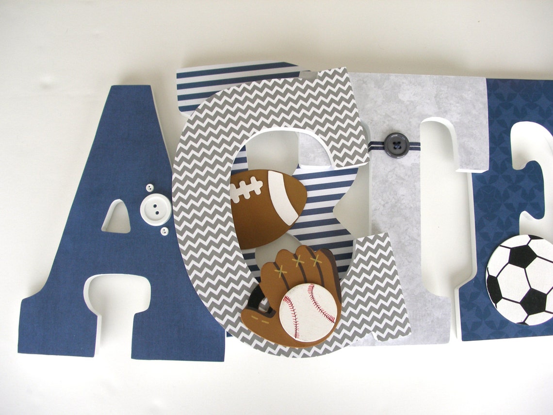 Decorated Wooden Letters Gray and Navy Blue Baby Boy Etsy