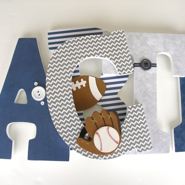 Decorated Wooden Letters, Gray and Navy Blue, Baby Boy Letter Set, Hanging Wood Wall Letters, Personalized Name Sign, New Mom Gift, Baby Art