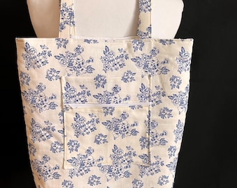 Sac fourre-tout bleu fleuri avec poches - Fait main, léger et spacieux