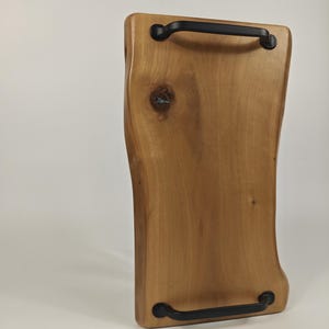Handmade Wooden Serving Tray with Black Metal Handles – Rustic Natural Wood Board for Kitchen or Decor