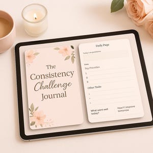 Puede incluir: Un diario y una página diaria se muestran en una tableta. La portada del diario dice "The Consistency Challenge Journal" con acentos florales. También hay un bolígrafo dorado, una taza de café, una vela encendida y rosas.