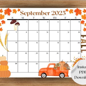2025 September Calendar Printable Fall Theme, Autumn Monthly Planner Wall Art, Aesthetic Calendar for Office Home Decor PDF Download