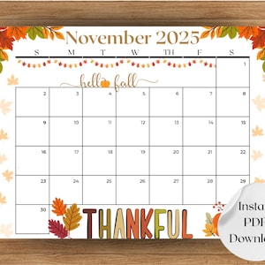 November 2025 Printable Calendar: Fall Pumpkin & Leaves Design (PDF Download