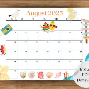 August 2025 Beach Theme Calendar: Printable Monthly Planner (PDF Download, Sunday Start, 8.5x11in