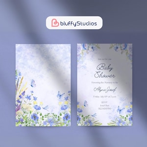 Invitación floral de acuarela para baby shower, anverso y reverso, detalles personalizados, descarga digital, bebé niña/niño, bebé flor, revelación de género
