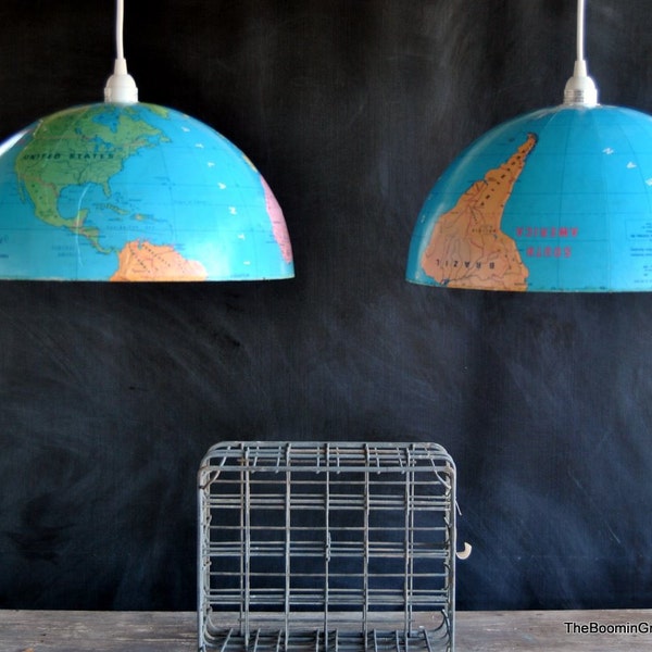 Amazing Pair of Pendant Lights Made From Extra Large World Globe