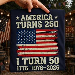 Puede incluir: Camiseta azul marino con un dise&ntilde;o de bandera estadounidense desgastada. El texto dice "AMERICA TURNS 250" encima de la bandera y "I TURN 50 1776-1976-2026" debajo. La camiseta est&aacute; sujeta por una mano.