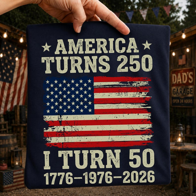 Puede incluir: Camiseta azul marino con un dise&ntilde;o de bandera estadounidense desgastada. El texto dice "AMERICA TURNS 250" encima de la bandera y "I TURN 50 1776-1976-2026" debajo. La camiseta est&aacute; sujeta por una mano.