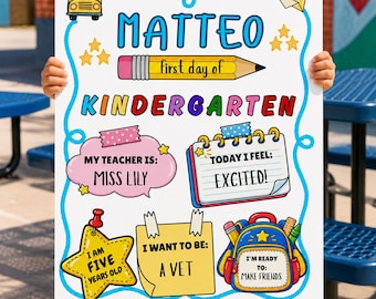 Editable First Day of Kindergarten Sign, Printable Back to School Poster, Photo Prop for Kids, Personalized School Keepsake PDF
