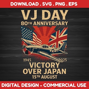 80. rocznica Dnia Zwycięstwa nad Japonią (SVG PNG) II wojna światowa. Zwycięstwo brytyjskiego samolotu nad Japonią 1945-2025. Pobieranie cyfrowe | Brak fizycznego produktu.