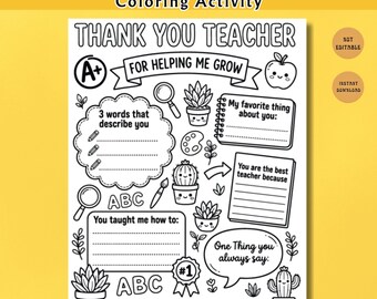 Thank You Teacher Coloring Activity PDF PNG, Teacher Appreciation Printable, End Of Year Teacher Gift, Kids Coloring Page PDF
