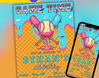 Baseball Ice Cream Drip Birthday Invitation 5x7, Editable Canva Template, Kids Party Invite, Instant Download