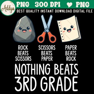May include: A digital graphic featuring a rock, scissors, and paper design with smiling faces. Text reads "Rock beats scissors, scissors beats paper, paper beats rock." Below, the text says "Nothing beats 3rd grade."