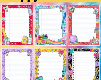 Preppy Note Sheets PNG PDF Bundle, Cute Decorated Lined Paper Pages, Colorful Doodle Writing Frames, School Notes Printable Set