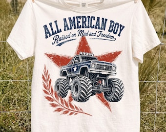 All American Boy PNG, Vintage Monster Truck Shirt Design, Patriotic USA Truck Graphic, Raised on Mud and Freedom, 4th of July PNG