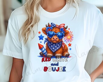 Patriotic Highland Cow PNG - Red White and Boujee PNG - Highland Cow 4th of July - Highland Cow Sublimation -Red White & Boujee DTF transfer