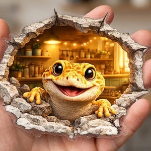 May include: A gecko sticker with a smiling face and large eyes, peeking through a hole in a stone wall. The background shows a warm-lit kitchen scene with shelves and hanging utensils. The gecko is yellow and orange.