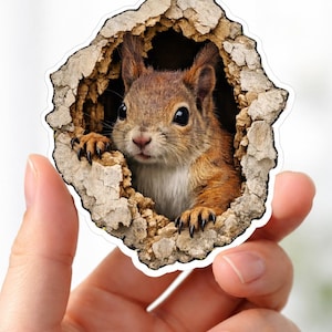 Naklejka winylowa z otworem 3D „Peeking Squirrel”, realistyczna naklejka z motywem dzikiej przyrody (wodoodporna)