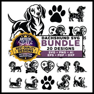 Può includere: Una collezione grafica digitale che presenta venti illustrazioni di bassotti in bianco e nero, inclusi cani con cuori, impronte di zampe e accessori festivi. Un badge centrale mostra il testo Artistic Stella Best Quality Designs.