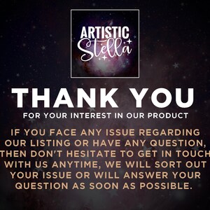May include: A dark background with a starry pattern and the words "THANK YOU" in large white letters. The text "FOR YOUR INTEREST IN OUR PRODUCT" is below. Additional text provides customer service information.